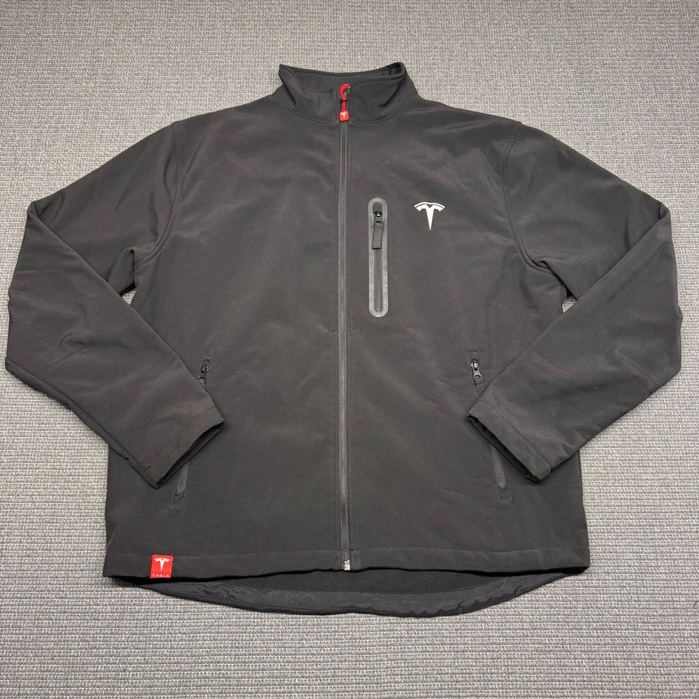 Tesla Motors Mens Black Softshell Full Zip Jacket‎ Red Logo Embroidered Medium